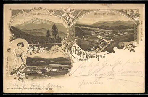 Lithographie Mitterbach, Gesamtansicht vom Dorf, Blick zum Ötscher