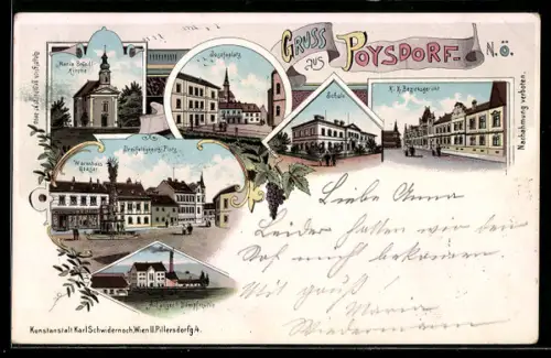 Lithographie Poysdorf /N. Ö., Maria Bründl Kirche, Josefsplatz, Warenhaus Glaser