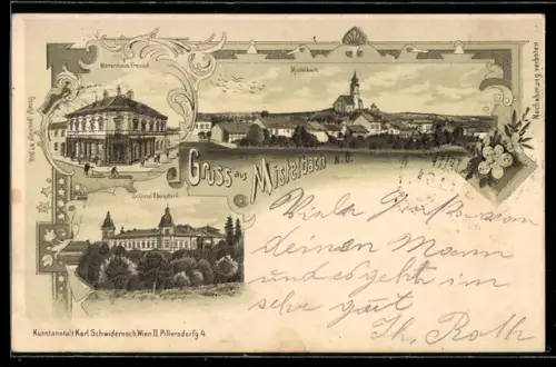 Lithographie Mistelbach, Schloss Ebendorf, Warenhaus Freund, Ortsansicht