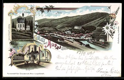 Lithographie Murau /Steiermark, St. Leonhard Kirche, Lichtsäule, Ortsansicht mit Bahngleisen