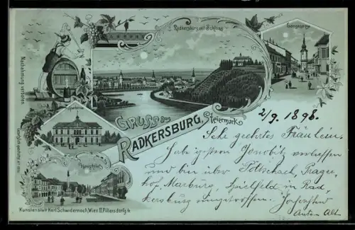 Mondschein-Lithographie Radkersburg /Steiermark, Langegasse, Ortsansicht mit Schloss, Sparkasse