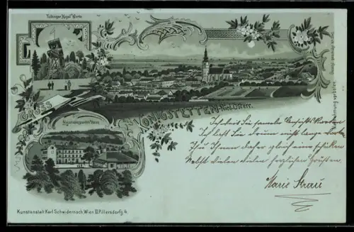 Mondschein-Lithographie Königstetten /Nied. Österr., Reconvalescenten Heim, Ortsansicht mit Kirche