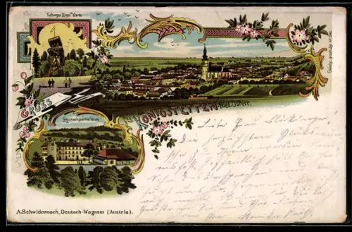 Lithographie Königstetten, Ortsansicht, Tulbinger Kogelwarte, Rekonvaleszentenheim