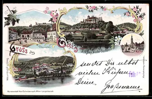 Lithographie Gars a. Kamp, Villenviertel, Blick zur Kirche