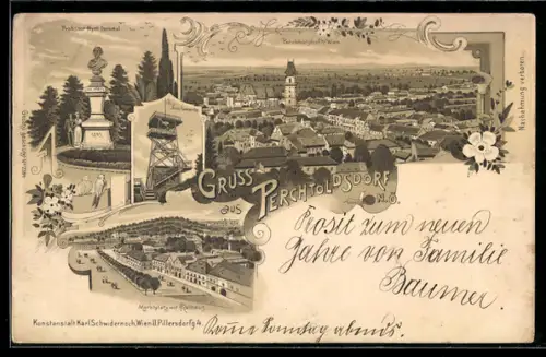 Lithographie Perchtoldsdorf bei Wien, Ortsansicht, Josefswarte, Marktplatz mit Rathaus