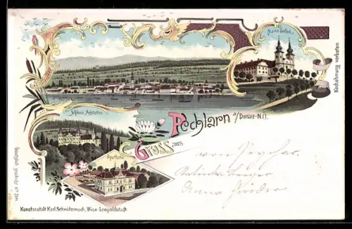 Lithographie Pöchlarn a. Donau, Apotheke, Schloss Arlstetten, Maria Taferl, Ortsansicht