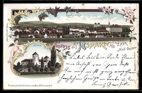 Lithographie Asparn a. d. Zaya, Schloss, Ortsansicht mit Hügeln