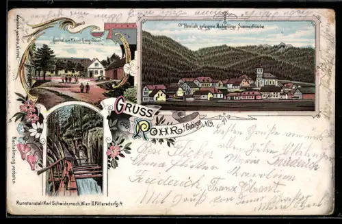 Lithographie Rohr i. Gebirge, Gasthof zum Kaiser Franz Josef, Ortsansicht mit Kirche