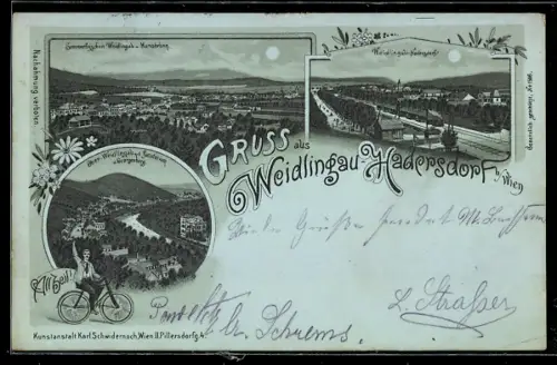 Mondschein-Lithographie Weidlingau-Hadersdorf b. Wien, Sanatorium und Georgenberg, Ortsansicht im Vollmondlicht