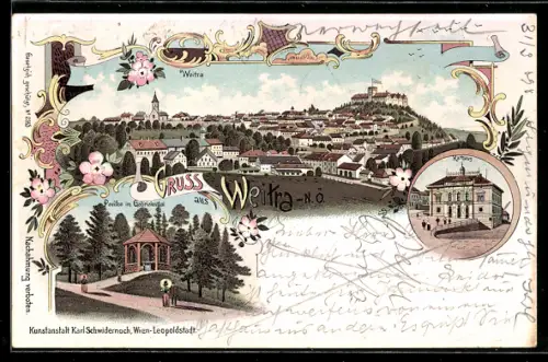 Lithographie Weitra /N. Ö., Pavillon im Gabrielenthal, Rathaus