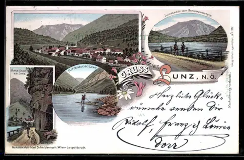 Lithographie Lunz /N. Ö., Lunzersee mit Scheiblingstein, Mittersee, Hohle Mauer
