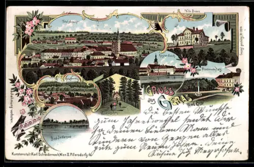 Lithographie Geras, Totalansicht, Kloster-Teich und und Pfaffenreith