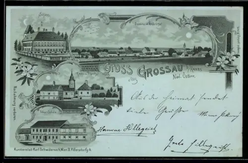 Mondschein-Lithographie Grossau b. Raabs, Waldviertel, Schloss, Kirche und Volksschule