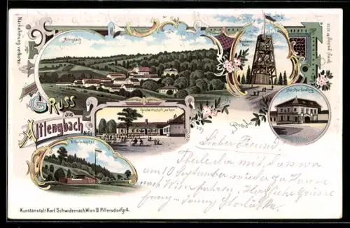 Lithographie Altlengbach, Ortsansicht von oben, Wienerwald-Warte, Gastwirtschaft am Hart