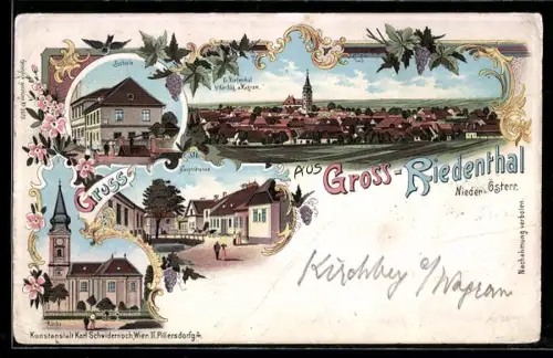 Lithographie Gross-Riedenthal /Nieder-Österreich, Totalansicht mit Kirche, Schule und Hauptstrasse
