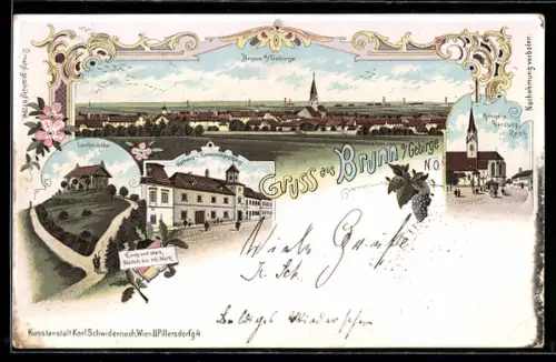 Lithographie Brunn a. Gebirge, Lerchenhöhe, Rathaus u. Gemeindehaus