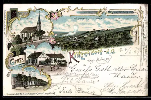 Lithographie Kritzendorf, Karl Langl Restaurant, Hilberts Handlung, Kirche, Ortsansicht