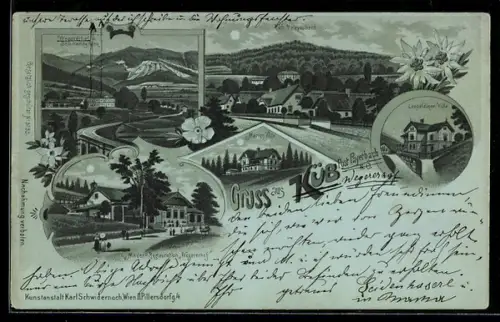 Mondschein-Lithographie Küb, Leopoldinen Villa, Maders Restaurant Wegererhof, Ortsansicht