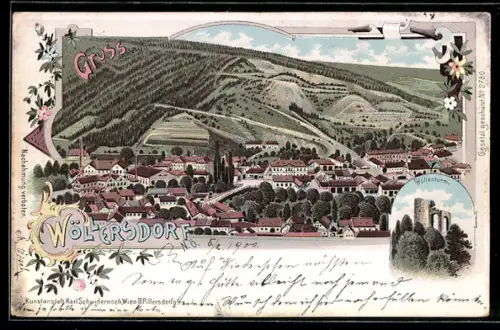 Lithographie Wöllersdorf, Höllenturm, Panoramablick auf den Ort