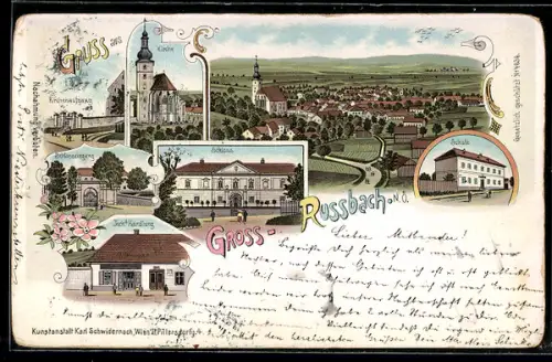 Lithographie Russbach /N.Ö., Totalansicht, Schule, Schloss und Joch`s Handlung
