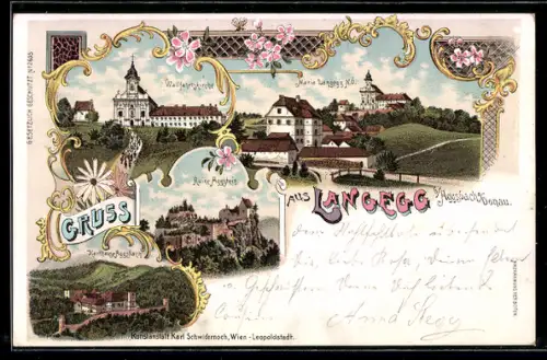 Lithographie Pottendorf, Langegg, Wallfahrtskirche, Ruine Aggstein, Maria Langegg