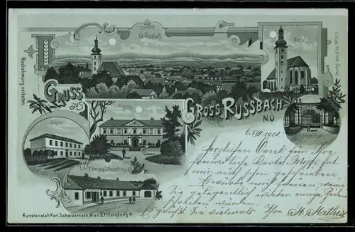 Mondschein-Lithographie Russbach /N.Ö., Totalansicht, Schloss, Kirche und F. Herzogs Geschäft