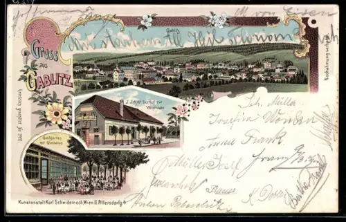 Lithographie Gablitz, Gasthof Zur Weintraube mit Terrasse, Gesamtansicht