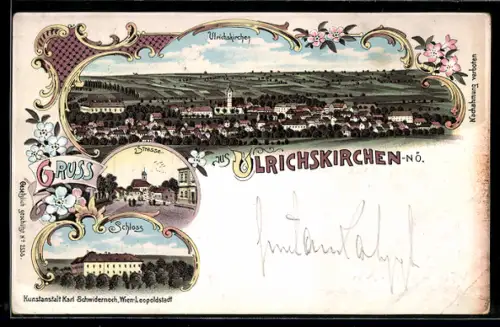 Lithographie Ulrichskirchen, Strassenpartie, Schloss, Gesamtansicht