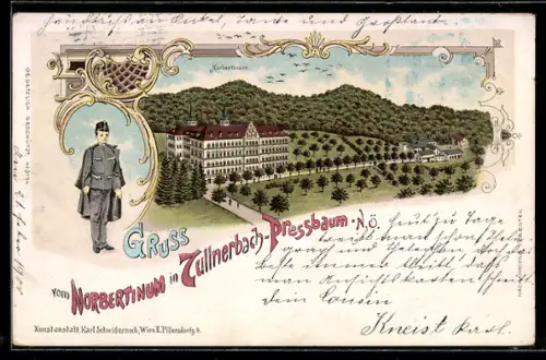 Lithographie Tullnerbach-Pressbaum, Teilansicht mit Norbertinum und junger Mann in Uniform