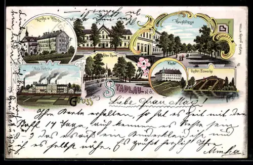 Lithographie Wien XXII, Stadlau, Bahnhof, Hauptstrasse, Österreichische Eiswerke