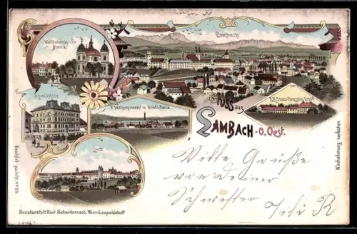 Lithographie Lambach /O.-Oe., Wallfahrtskirche Paura, Sparkasse, Flachsspinnerei in Stadl-Paura