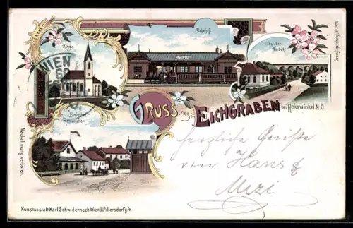 Lithographie Eichgraben bei Rekawinkel, Partie am Bahnhof, Kirche und Viadukt