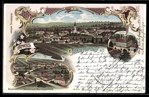 Lithographie Oberndorf an der Melk, Totalansicht, Gries und Schule