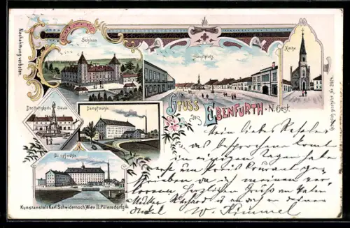 Lithographie Ebenfurth, Schloss aus der Vogelschau, Dampfmühle, Hauptplatz mit Denkmal