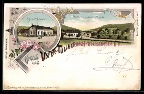Lithographie Unter-Tullnerbach, Restaurant mit Garten und Veranda, Kiesling`s Restaurant