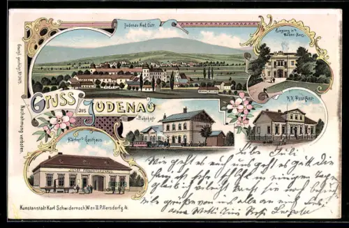 Lithographie Judenau, Färber`s Gasthaus, Bahnhof und K. k. Post-Amt, Eingang zum Waisen-Haus