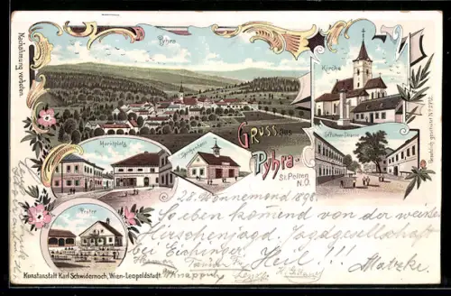 Lithographie Pyhra /St. Polten, Totalansicht, Kirche, Partie in der Pöltner Strasse und Prater