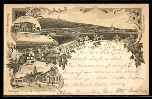 Lithographie Gainfarn /Nied. Öst., Hotel Mercurhof, Wasserheilanstalt und Hauptplatz
