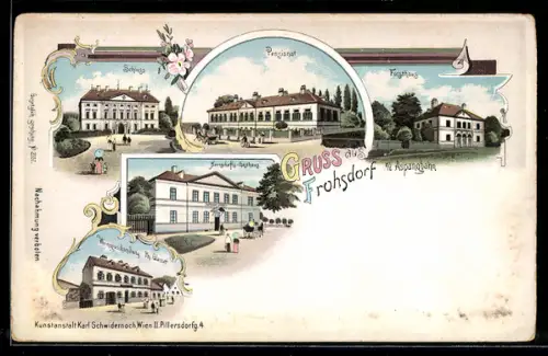 Lithographie Frohsdorf a. d. Aspangbahn, Forsthaus, Pensionat, Schloss und Weinhandlung von Ph. Glasser