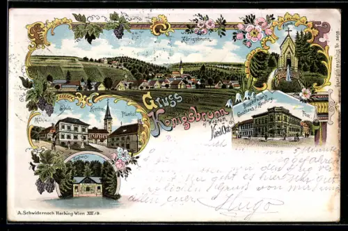 Lithographie Königsbrunn am Wagram, Gasthaus & Handlung Doppelreiter, Kapelle mit Fontaine, Badhaus