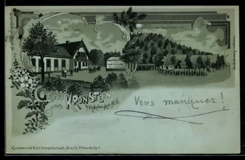 Mondschein-Lithographie Kronstein b. Rekawinkel, Haubner`s Gasthaus mit Salon und Gartenwirtschaft