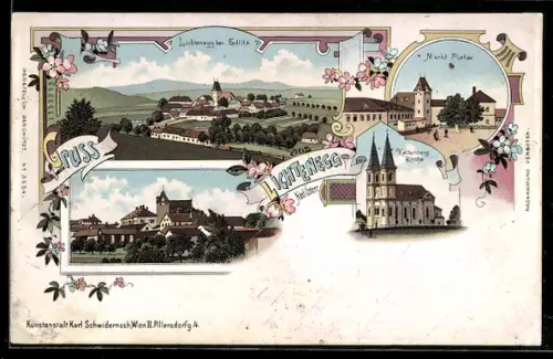 Lithographie Lichtenegg /Nied. Österr., Kirche Maria Schnee, Dorf-Platz, Ortspanorama