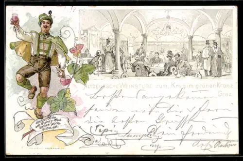 Lithographie Graz, Altdeutsche Weinstube zum Krug im grünen Kranz, fröhlicher Mann mit Tracht und Wein