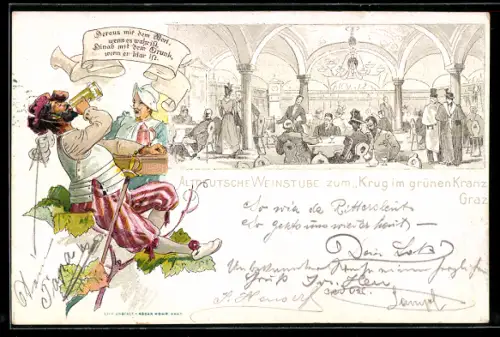 AK Graz, Altdeutsche Weinstube zum Krug im grünen Kranz, Trinkender Mann mit Säbel vor einem Soldaten