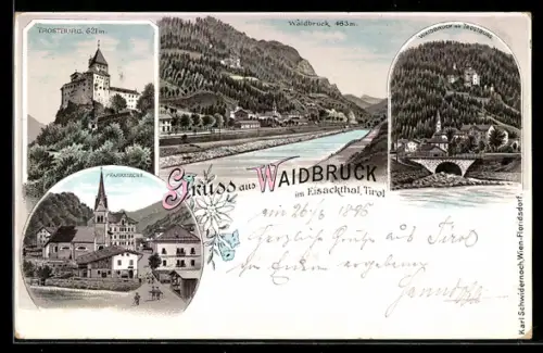 Lithographie Waidbruck /Eisackthal, Trostburg, Pfarrkirche, Gesamtansicht