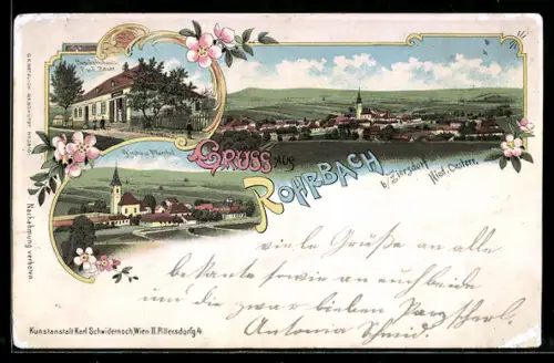 Lithographie Rohrbach b. Ziersdorf, Geschäftshaus P. u. E. Bauer, Kirche und Pfarrhof, Ortsansicht