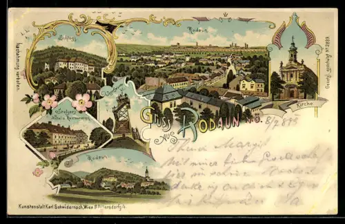 Mondschein-Lithographie Rodaun /N. Ö., Stelzer`s Hotel und Restaurant, Josefswarte, Kirche, Schloss, Ortsansicht