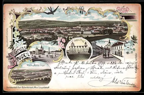 Lithographie Bruck, Totalansicht, Kaiser Josef Platz, Kirchengasse, Schloss Prugg, Militär Lager