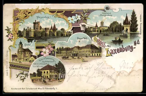 Lithographie Laxenburg, Hotel Blauer Hof, Russins Restaurant Radfahrerheim