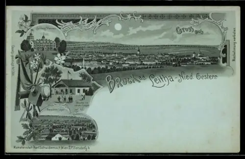 Mondschein-Lithographie Bruck a. d. Leitha, Baracken-Lager, Wache im neuen Lager, Schloss Harrach, Totalansicht